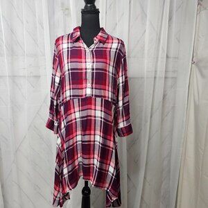 Express Plum Pink Plaid Preppy Farmhouse Asymmetrical Tunic Shirt Dress Size L